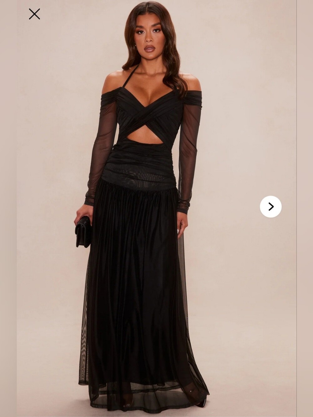 Fashion Nova Luxe Women Black Mesh Off-Shoulder Maxi Skirt with Sheer Overlay